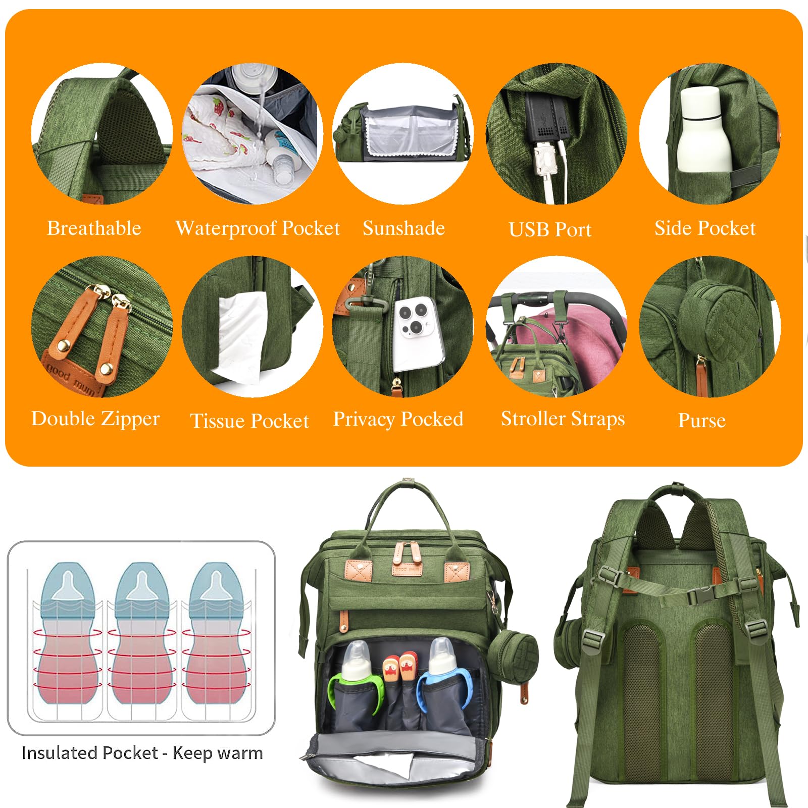 Astro Alan diaper bag USB port enables on-the-go device charging.