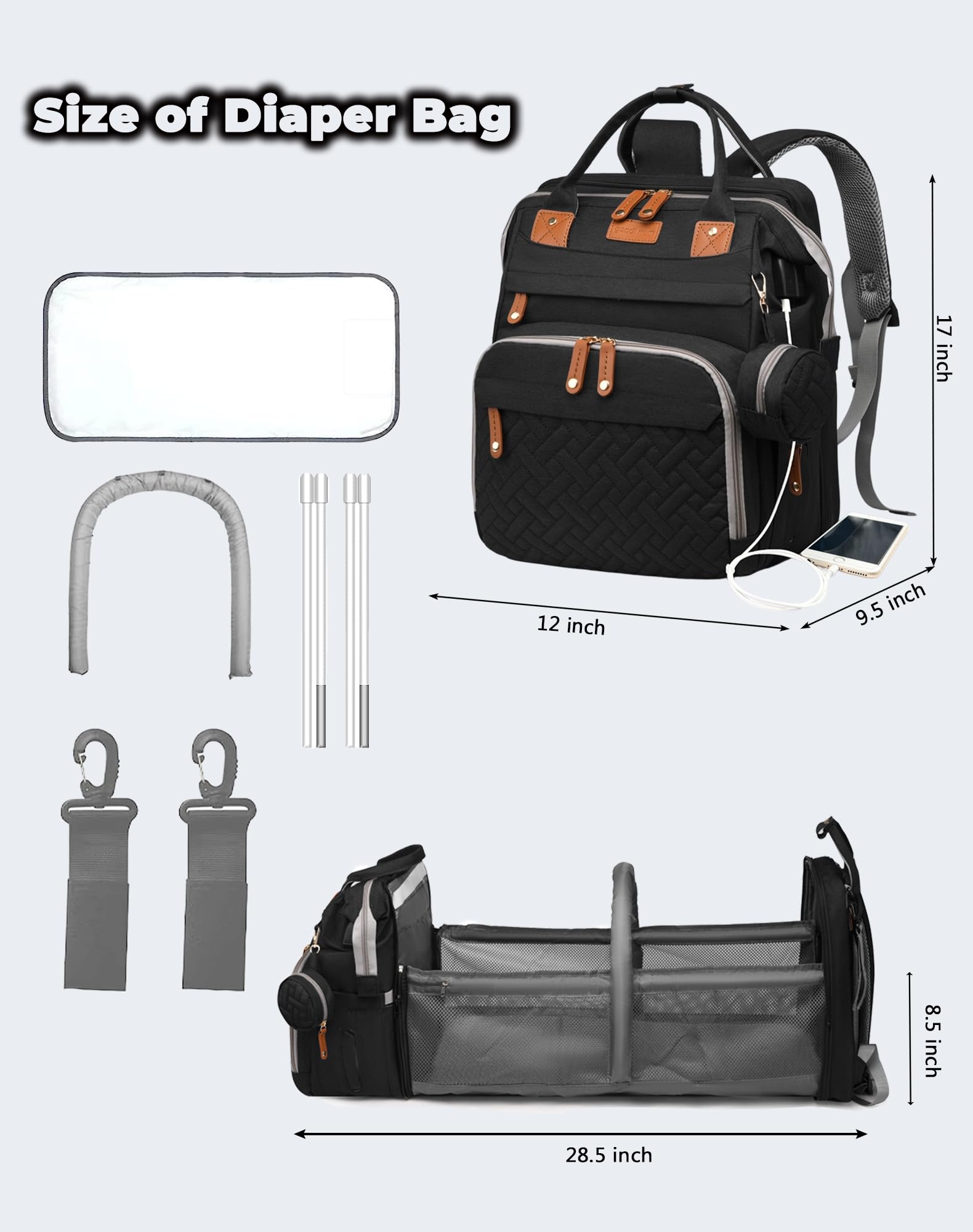 Astro alan diaper bag with waterproof fabric protects items during outdoor trips.