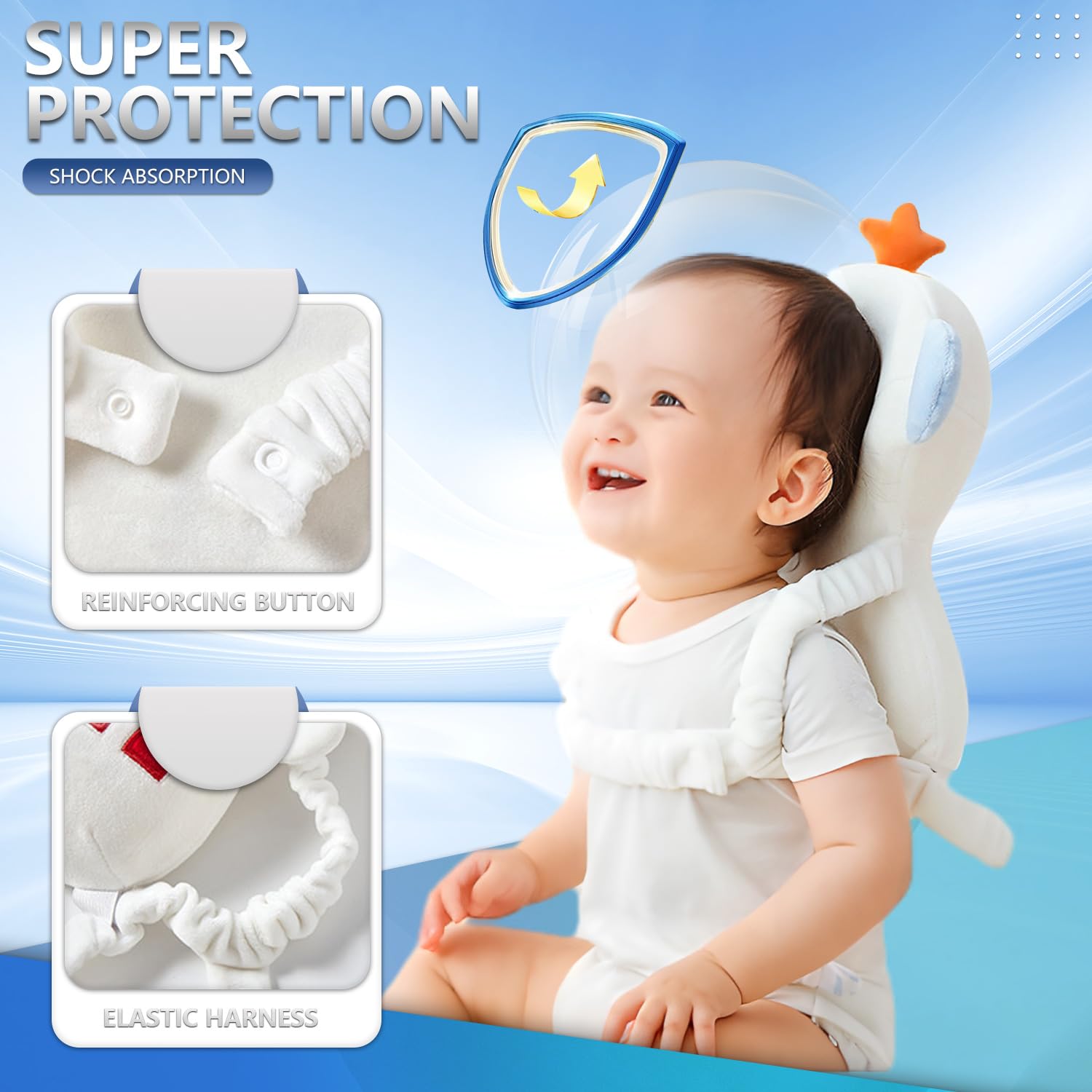Astronaut head protector with adjustable shoulders fits babies comfortably as they grow.