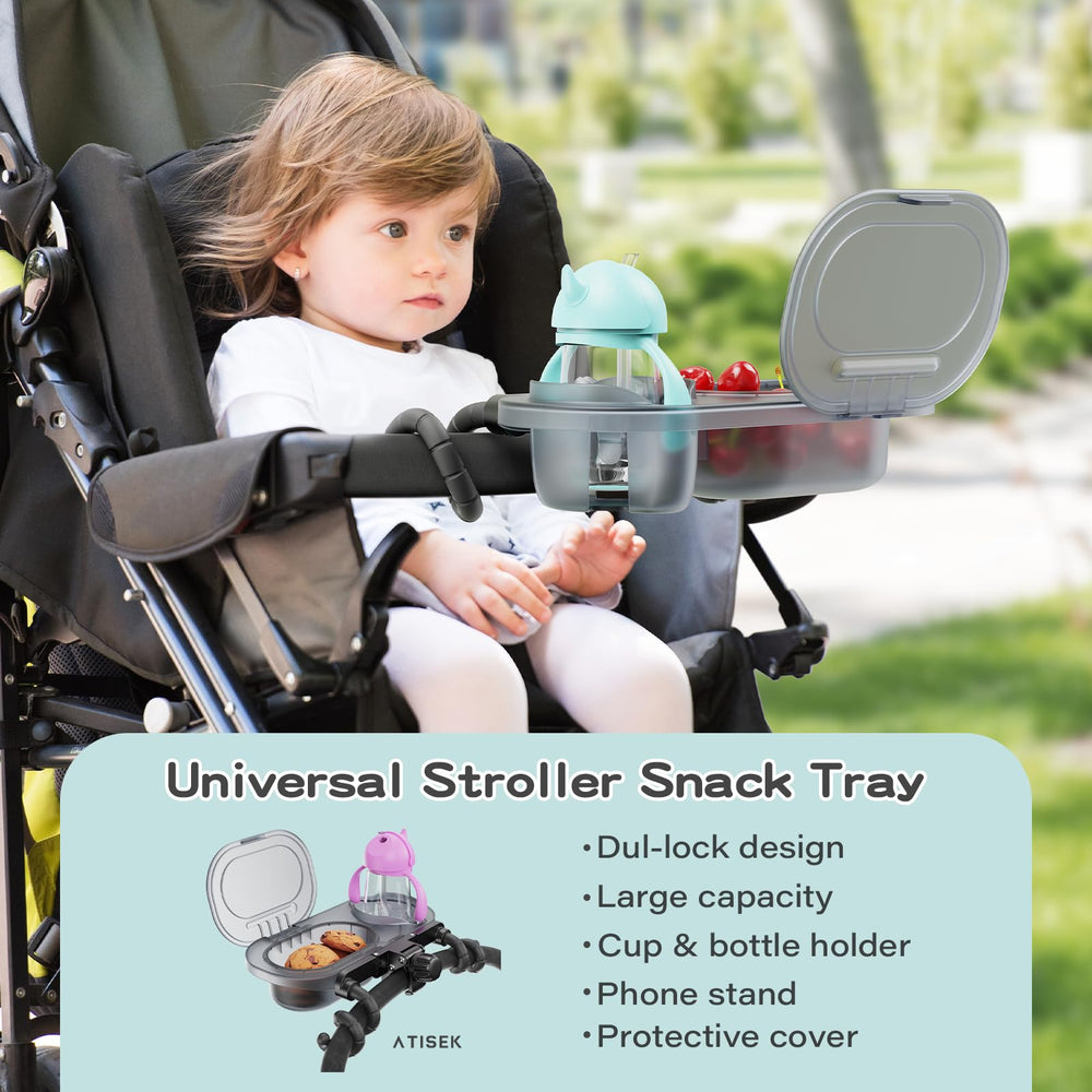 Atisek dual-lock clamp secures the stroller snack tray for stable use.