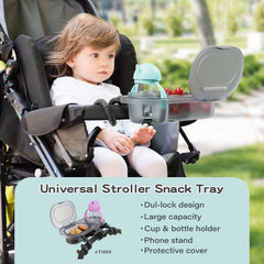 Atisek dual-lock clamp secures the stroller snack tray for stable use.