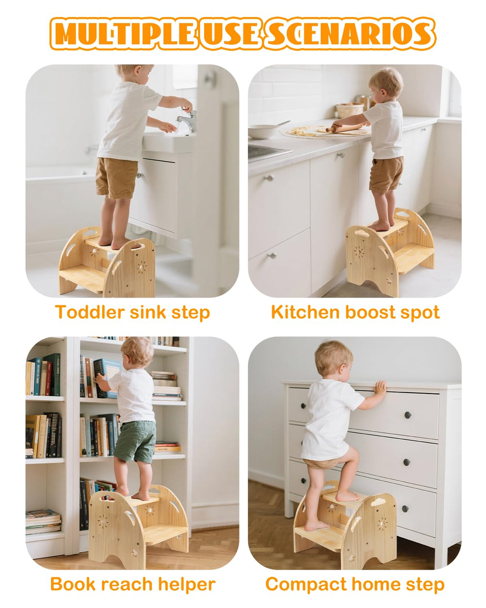AtMini two-step stool featuring non-slip steps for secure climbing