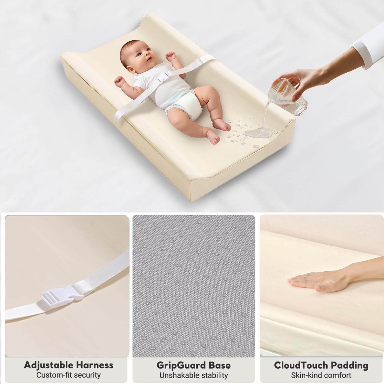 ATONGQI beige changing pad showing 32 by 16.6 inch dimensions for versatile use