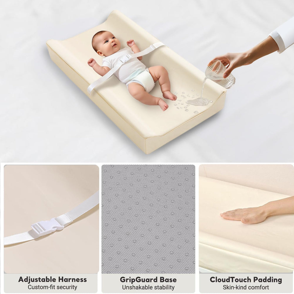 ATONGQI beige changing pad showing 32 by 16.6 inch dimensions for versatile use