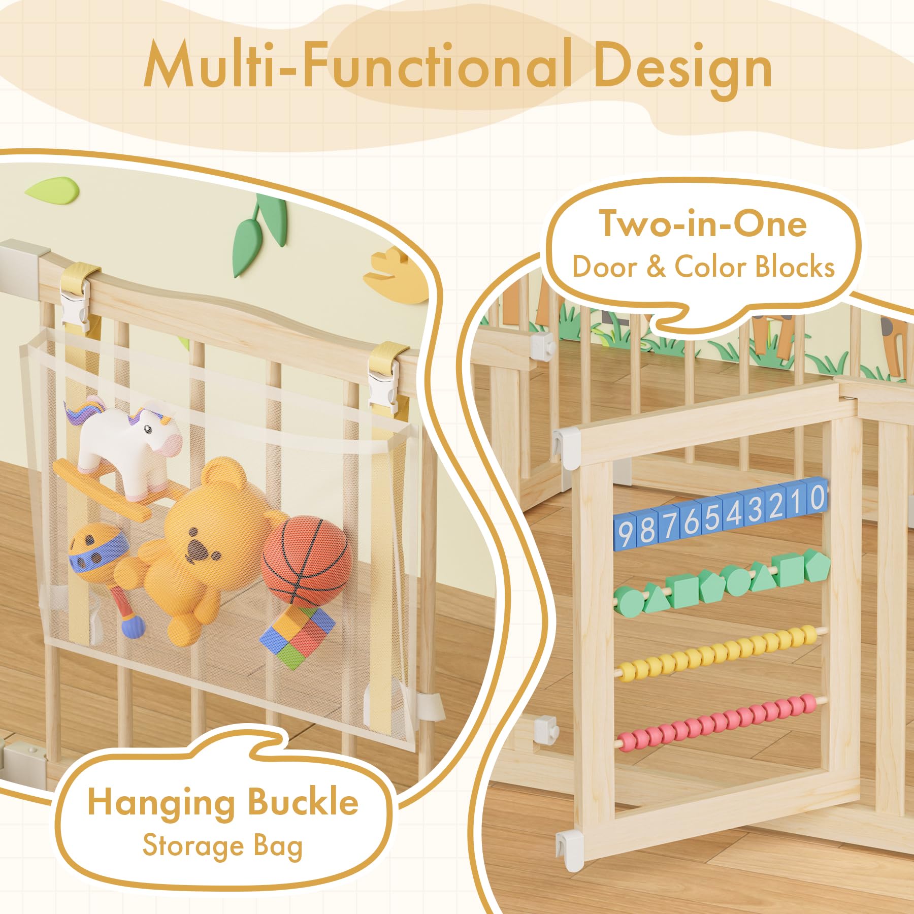 Foldable wooden baby gate by Atoping for quick storage after play.