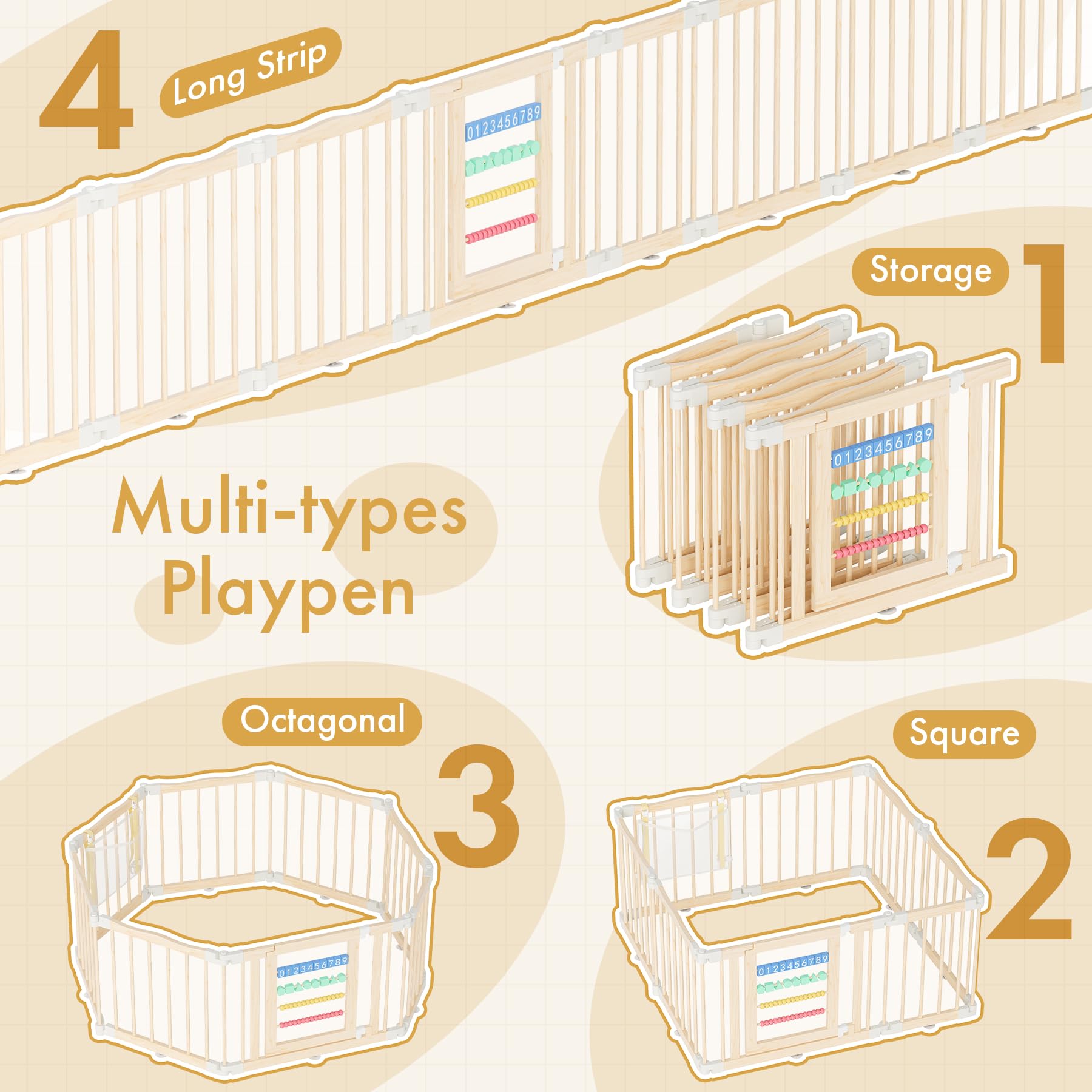 Atoping multi-shape play yard adaptable to different room layouts.