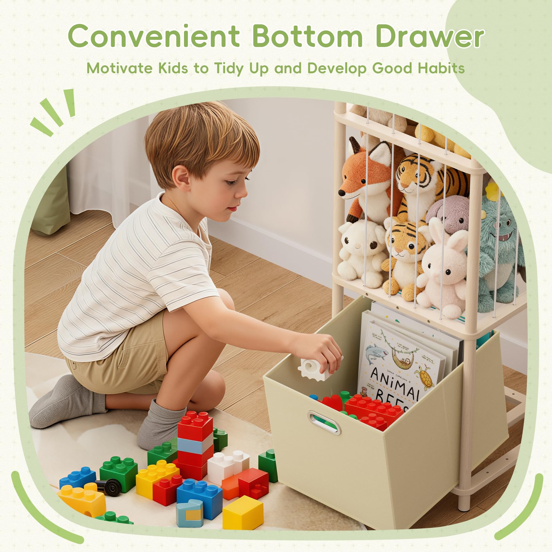 Atoping open design shelves support kids' independence and easy cleanup after play.