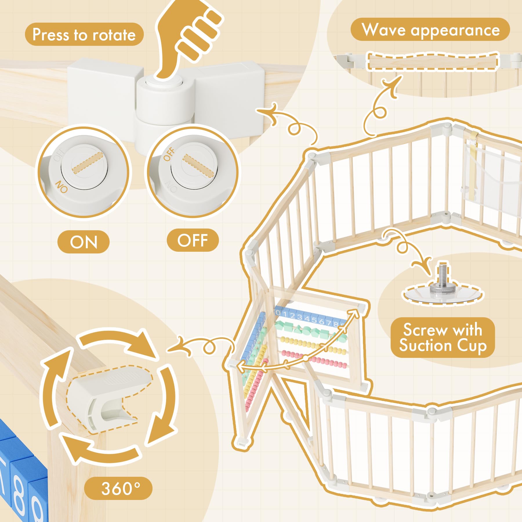 Eight suction cups stabilize the playpen on varied floor surfaces.