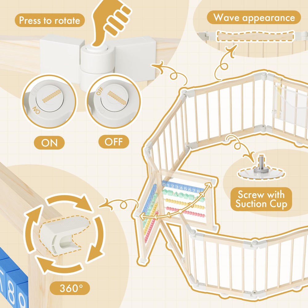 Eight suction cups stabilize the playpen on varied floor surfaces.