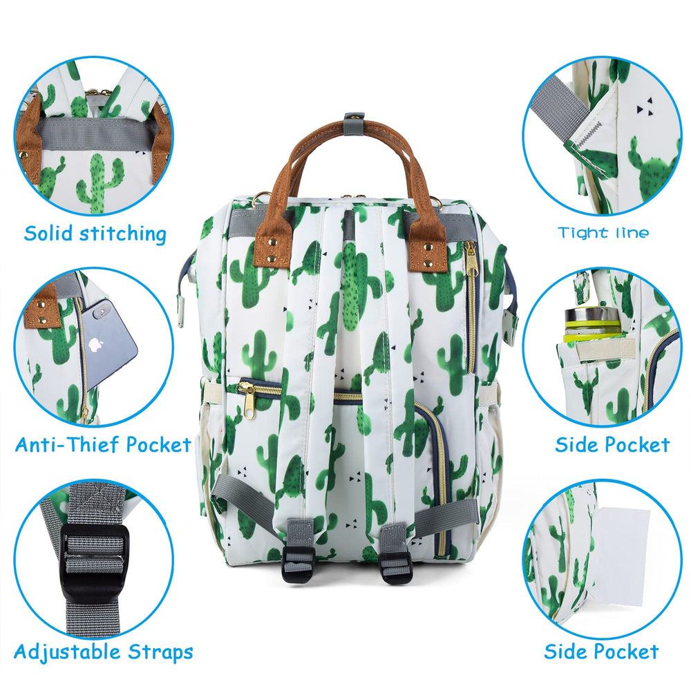 Atsabdas cactus print diaper bag waterproof pocket protects wet items on the go.