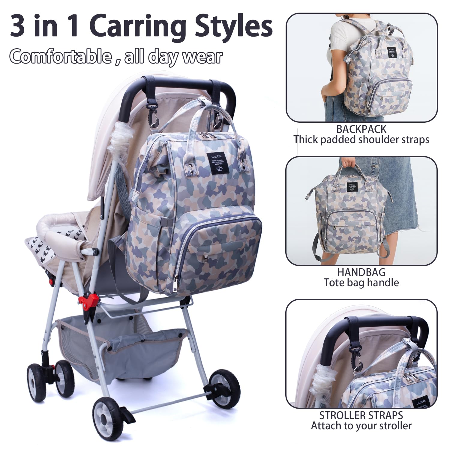 Atsabdas camo diaper bag supports organized travel with baby essentials.