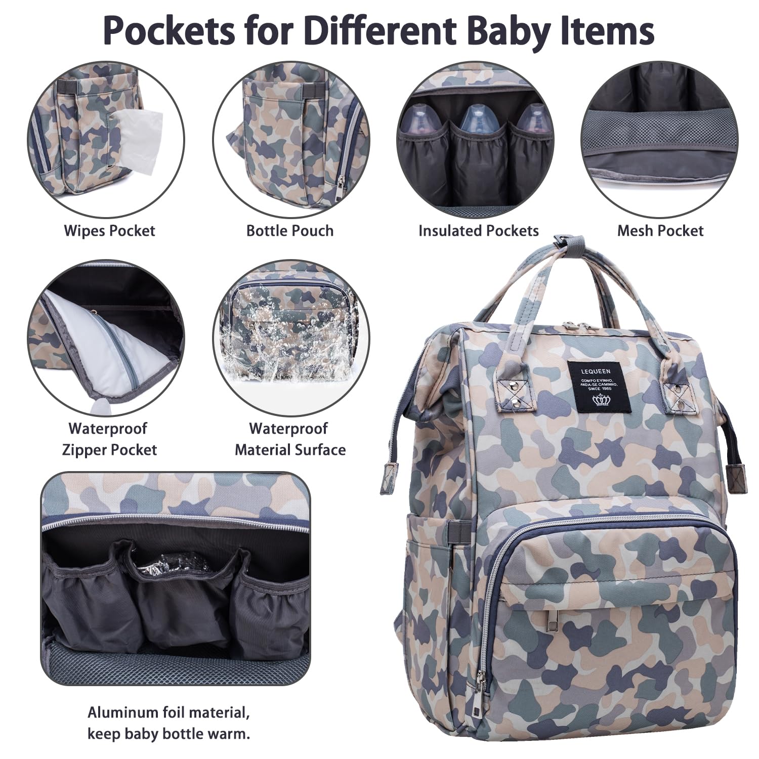 Atsabdas camo diaper bag features padded straps to ease long days.