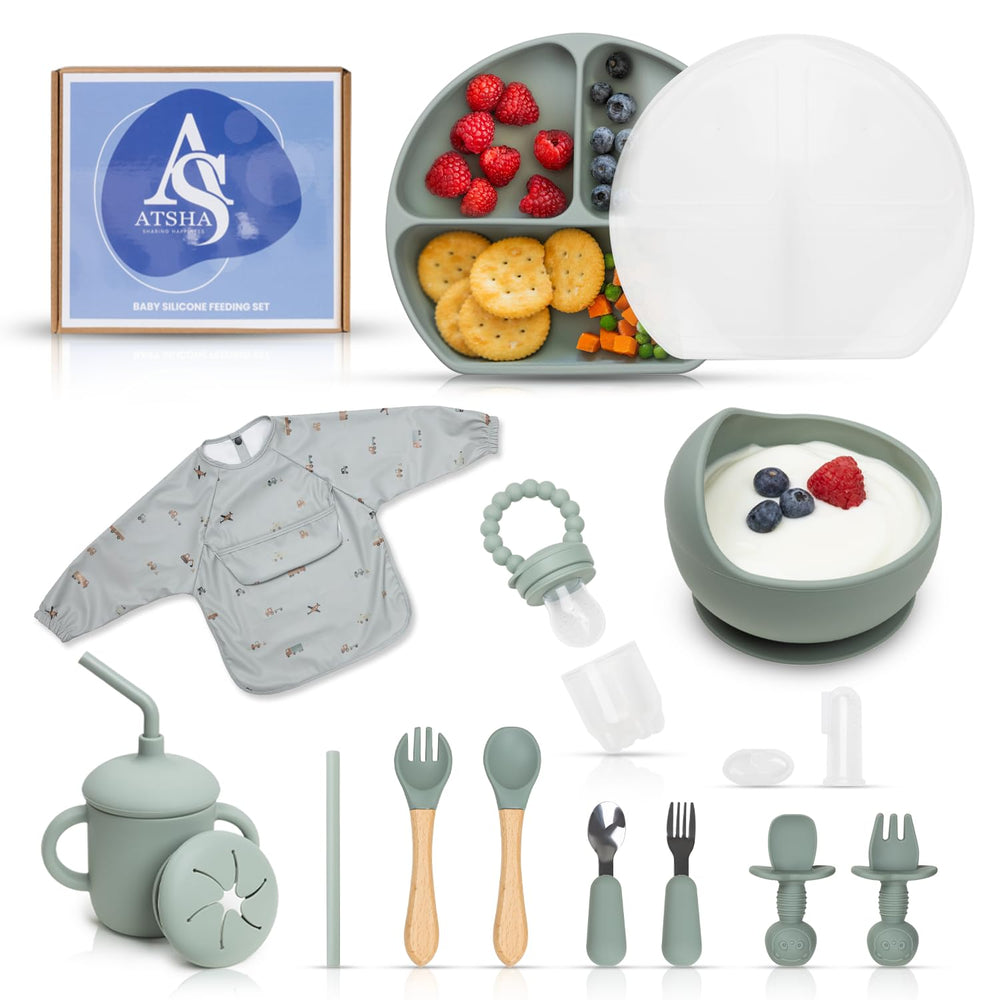 ATSHA silicone baby feeding plate with cover keeps meals neat and contained