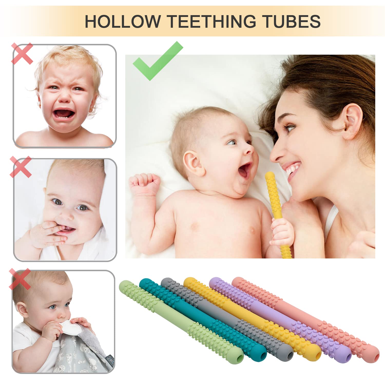 Pastel macaron hues make Atsky teether tubes engaging for babies.