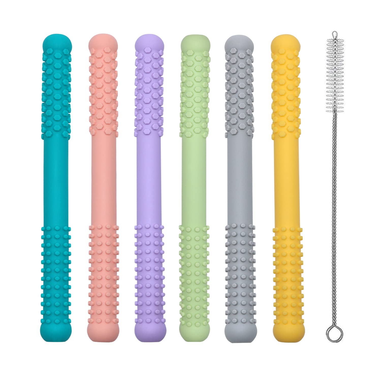 Atsky Hollow Teether Straw close-up showing soft silicone for gum comfort.