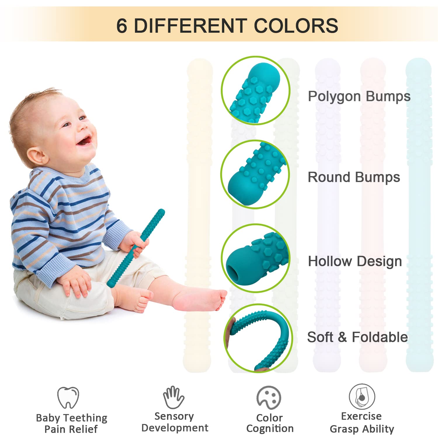 Soft hollow design massages gums during teething with Atsky.