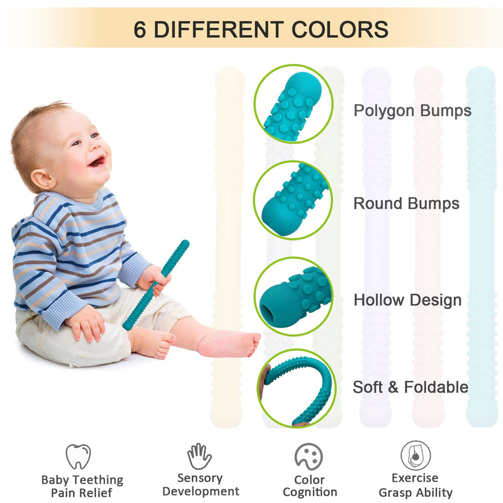 Soft hollow design massages gums during teething with Atsky.