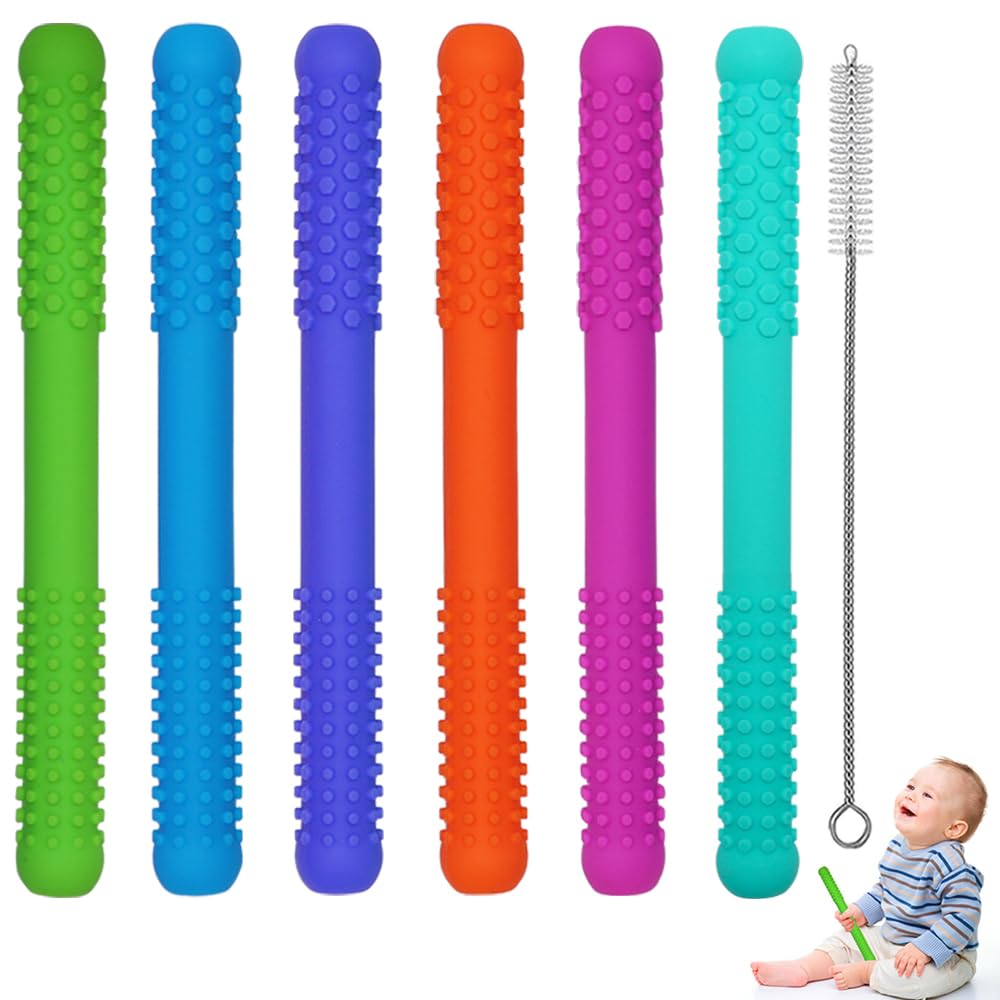 Atsky hollow teething tubes 6-pack, soft silicone for safe, soothing chewing.