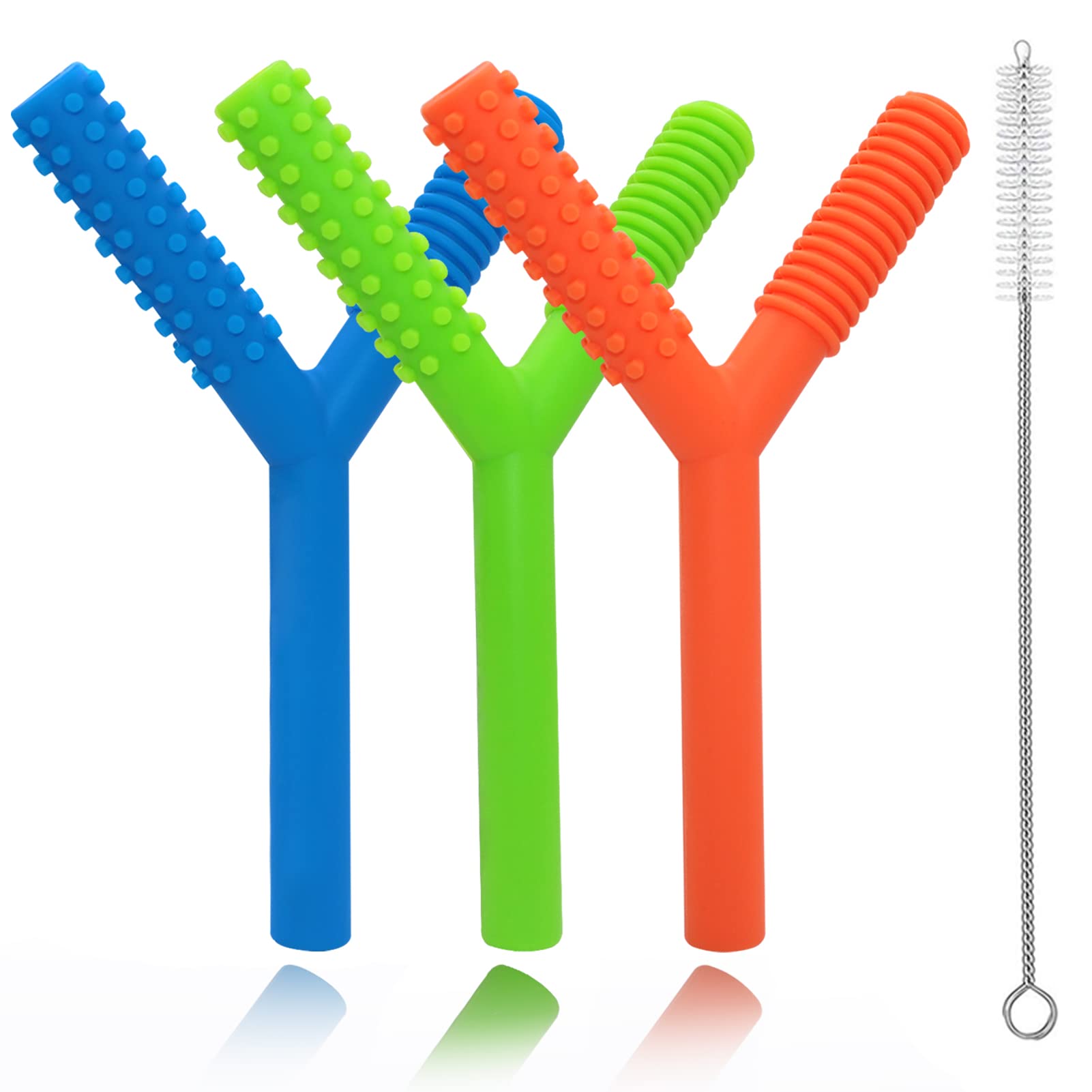 Atsky hollow teething tubes in blue soothe gums while babies explore with small hands.