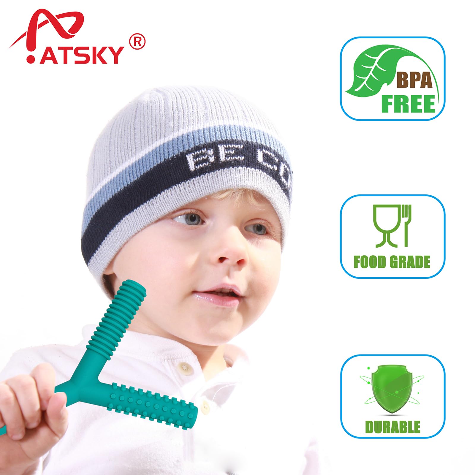 Atsky teething tubes close-up textures show varied sensory surfaces
