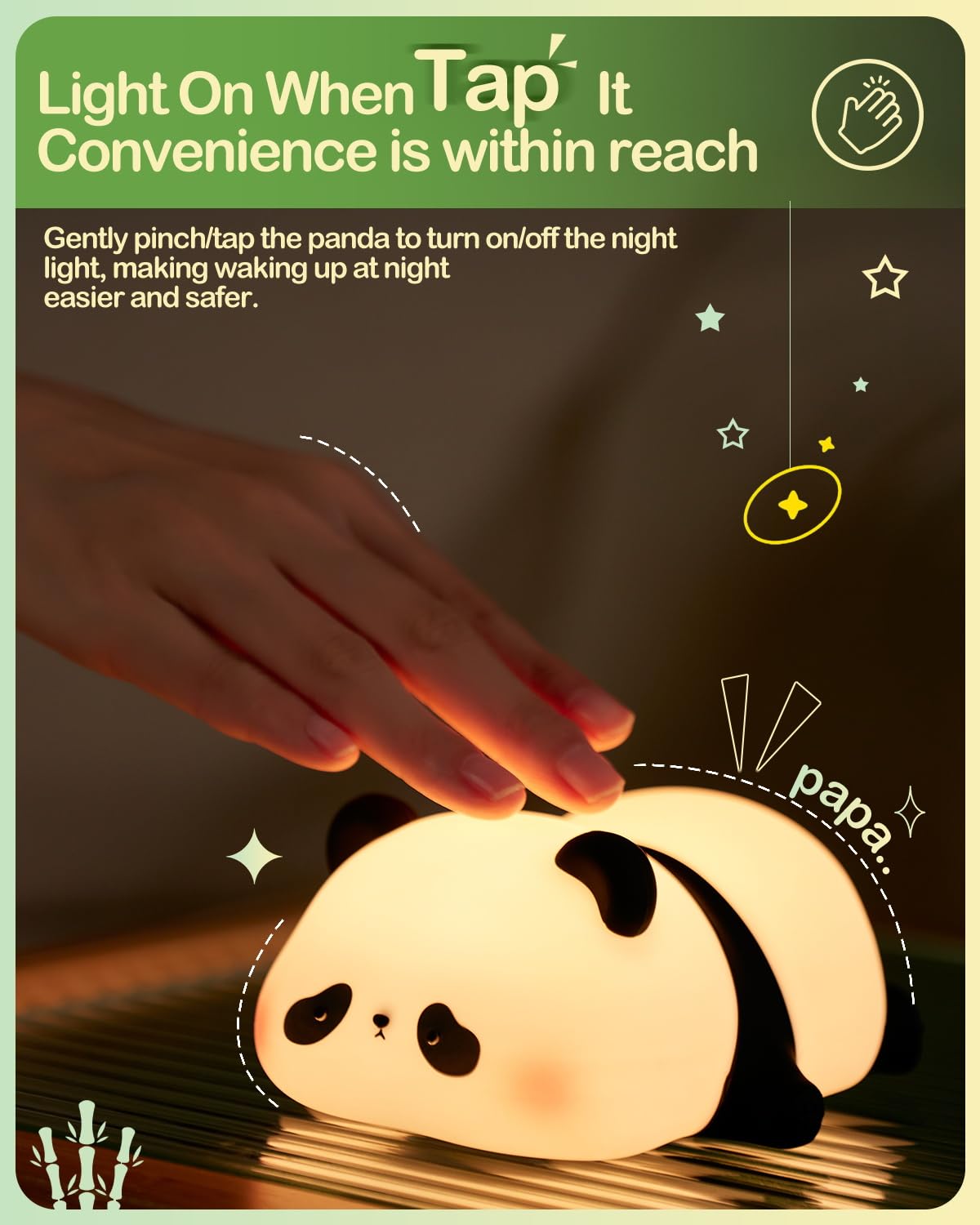 ATSUI Panda Night Light charging via USB-C, ideal for desks and nightstands.