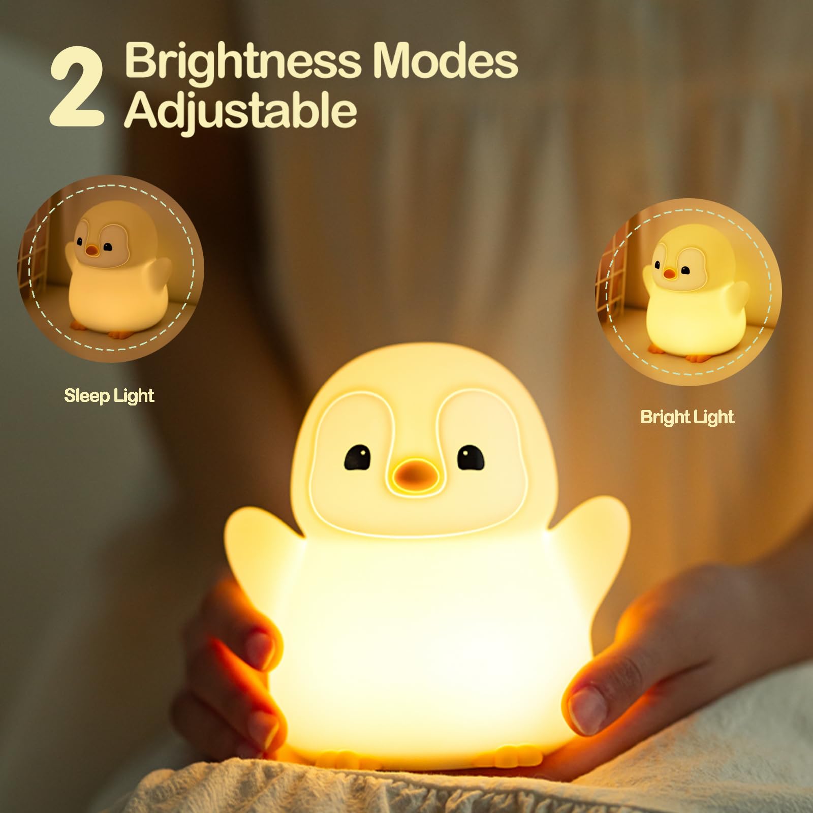 ATSUI Happy Penguin Night Light charging via USB-C for portable use.