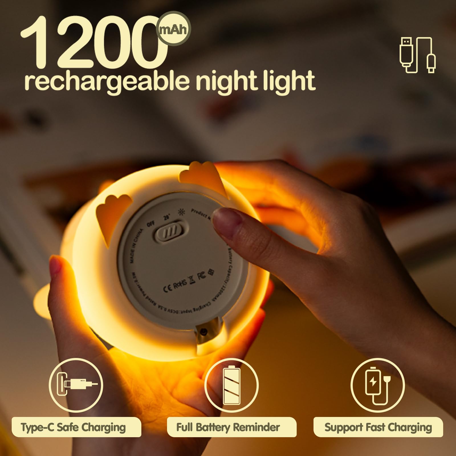 ATSUI Penguin Night Light charges via USB-C with a connected cable.