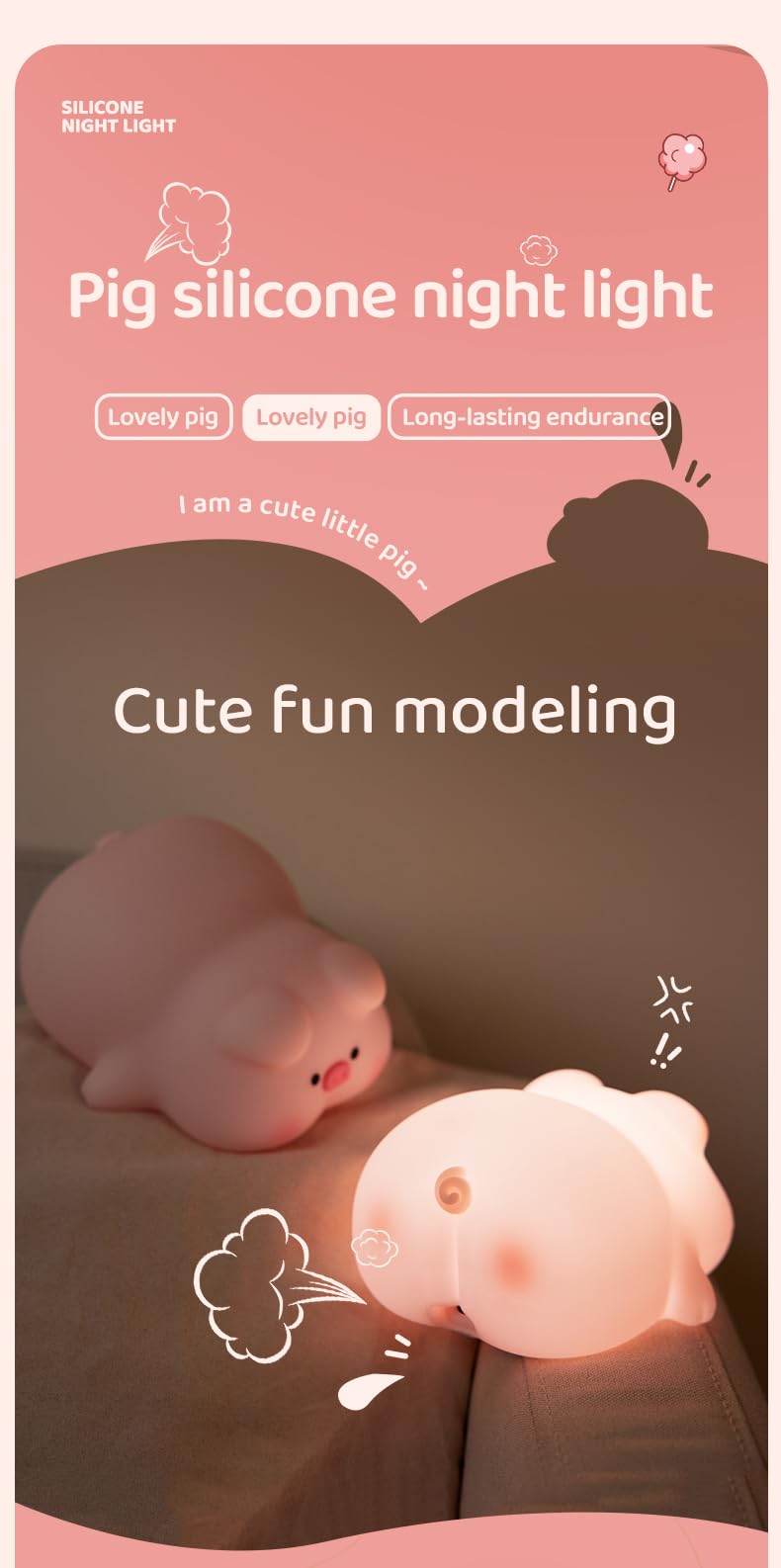 ATSUI Pig Night Light emits a soft, warm glow for sleep.