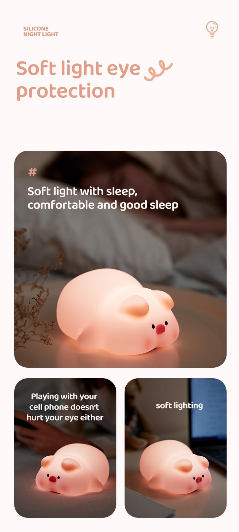 ATSUI Pig Night Light tap function lets kids switch lights on and off.