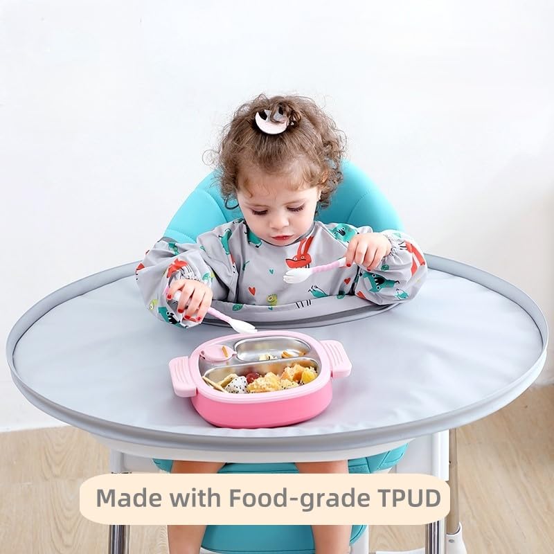 Attached sleeve bib from Baby bib Food Catcher Bib and Tray Set protects clothing.