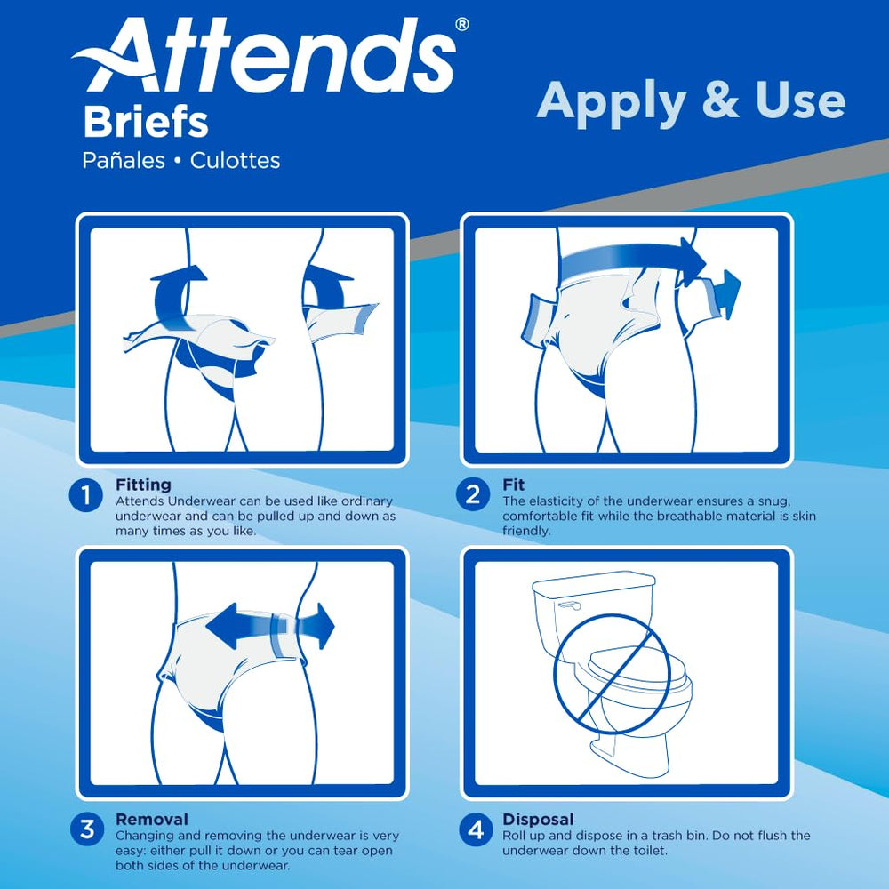 Attends medium brief fits 32-44 inch waists with secure tab closure.