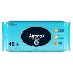 Attends Washcloths bag pack front view, resealable container for on-the-go cleansing
