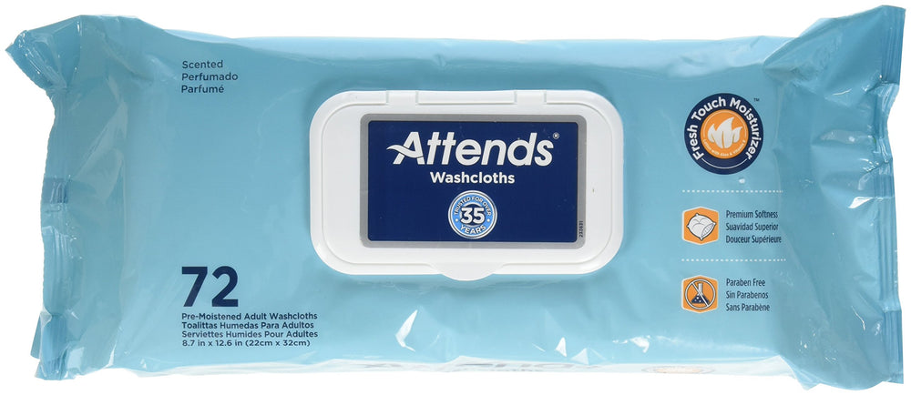 Attends washcloths no-rinse in a soft pack with a reclosable lid for on-the-go cleansing.