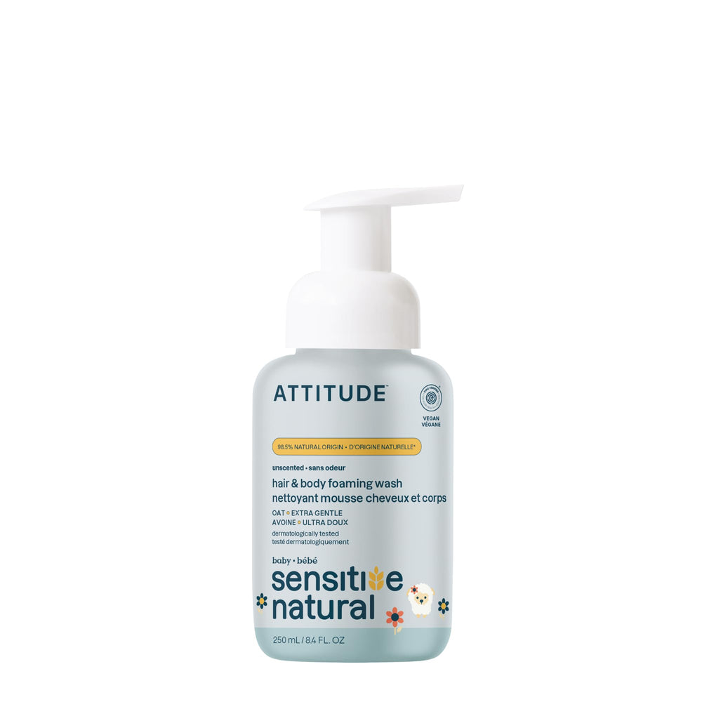 ATTITUDE baby 2-in-1 shampoo bottle shows a gentle, fragrance-free formula for sensitive skin.