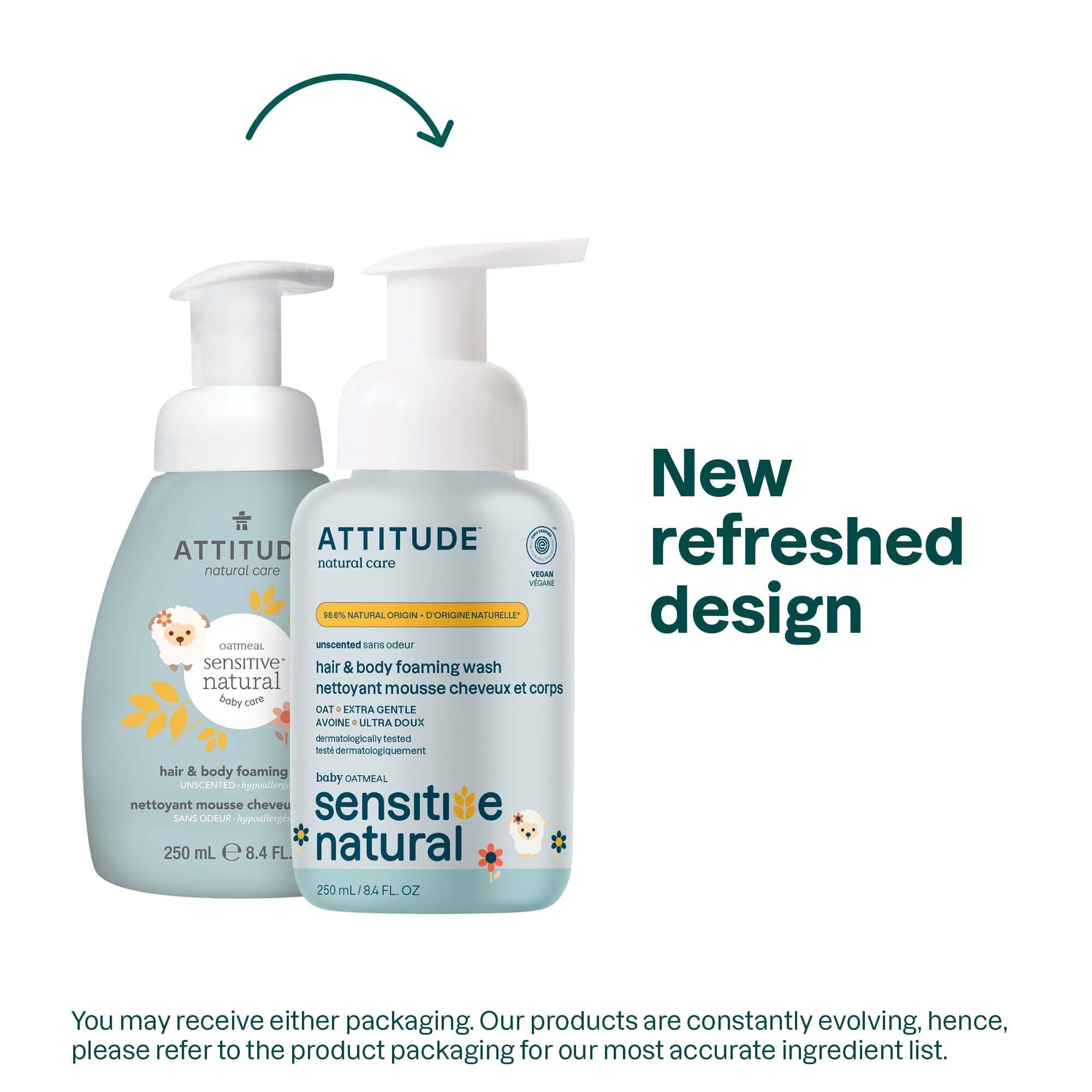 ATTITUDE baby 2-in-1 shampoo foaming-bath bottle illustrates easy lather without irritation.