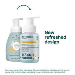 ATTITUDE baby 2-in-1 shampoo foaming-bath bottle illustrates easy lather without irritation.
