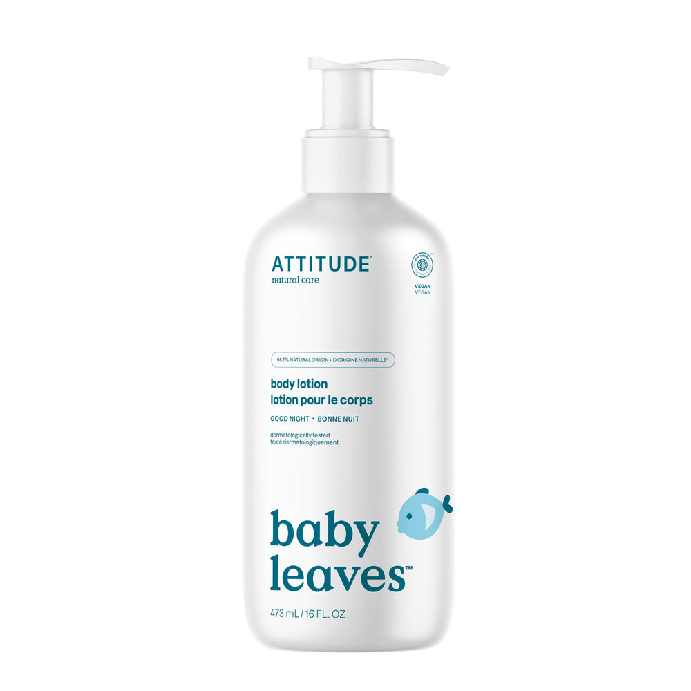 ATTITUDE Good Night baby lotion bottle close-up showing smooth texture for sensitive skin