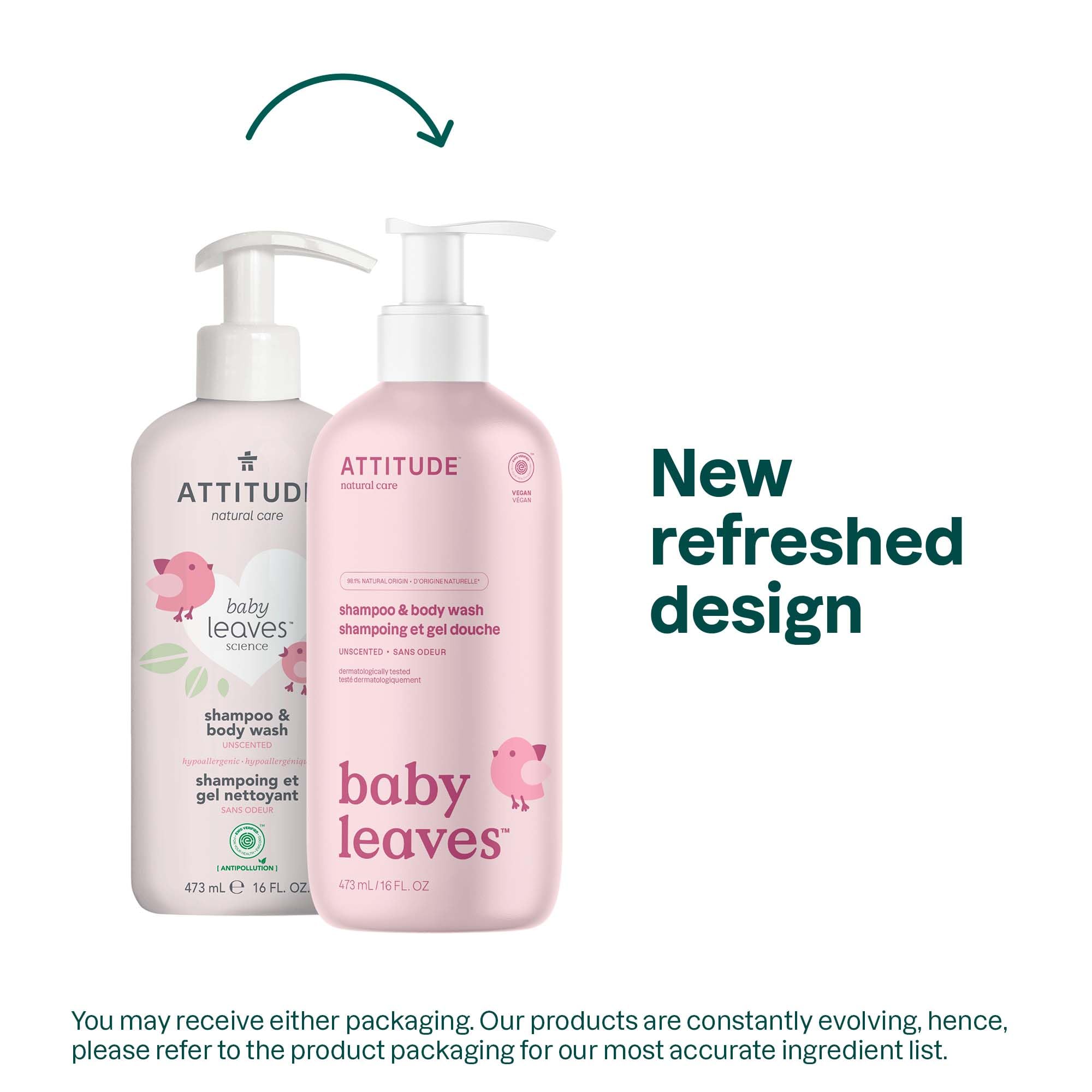 ATTITUDE baby two-in-one bottle close-up, unscented cleansing for daily baths.