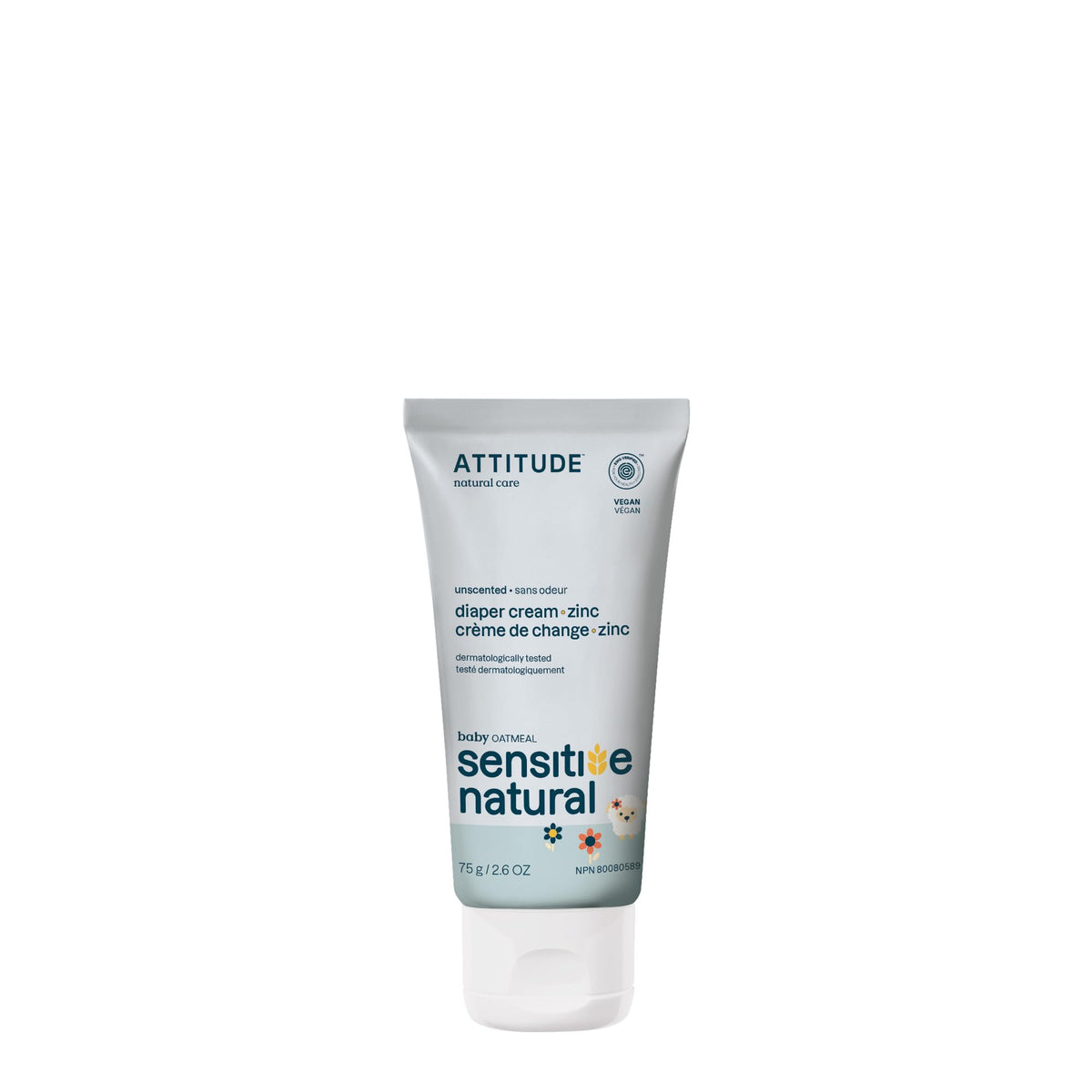 ATTITUDE diaper cream bottle close-up highlighting unscented zinc formula for sensitive baby skin