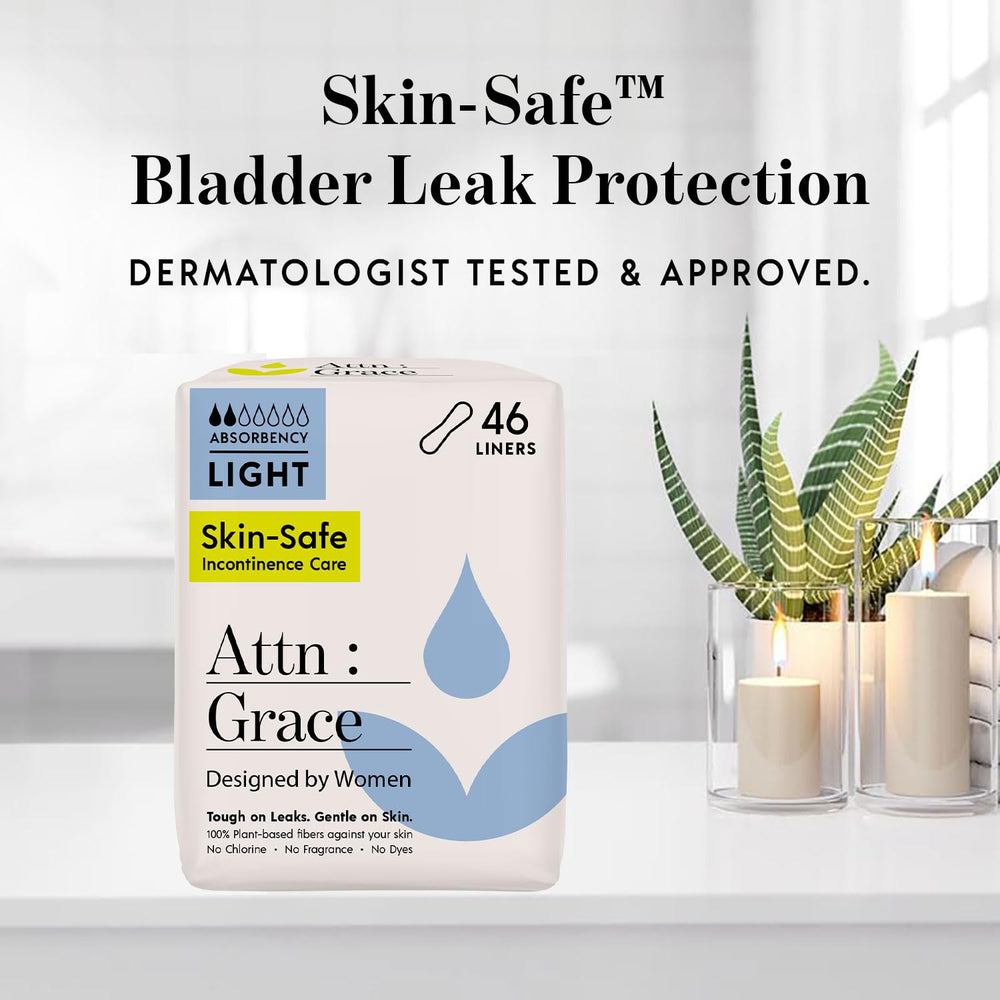 ATTN: Grace panty liner adhesive strip demonstrates secure, discreet wear.
