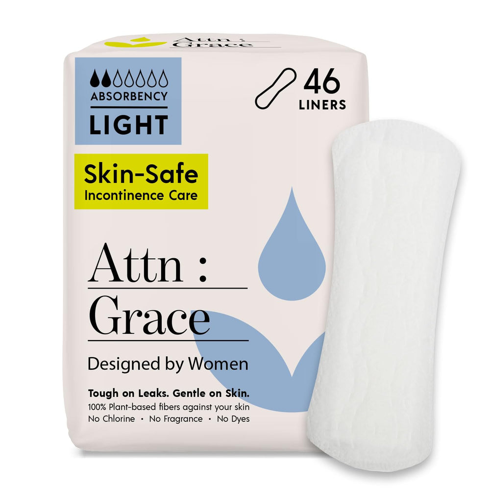 ATTN: Grace panty liner packaging highlights light protection with plant-based materials.