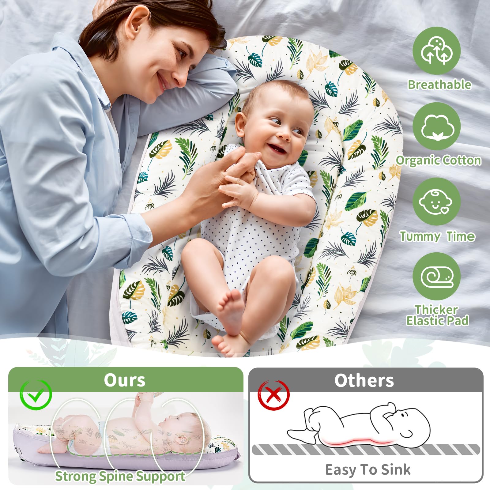 Aufona lounger nest supports growing from newborn to 24 months with adjustable fit.