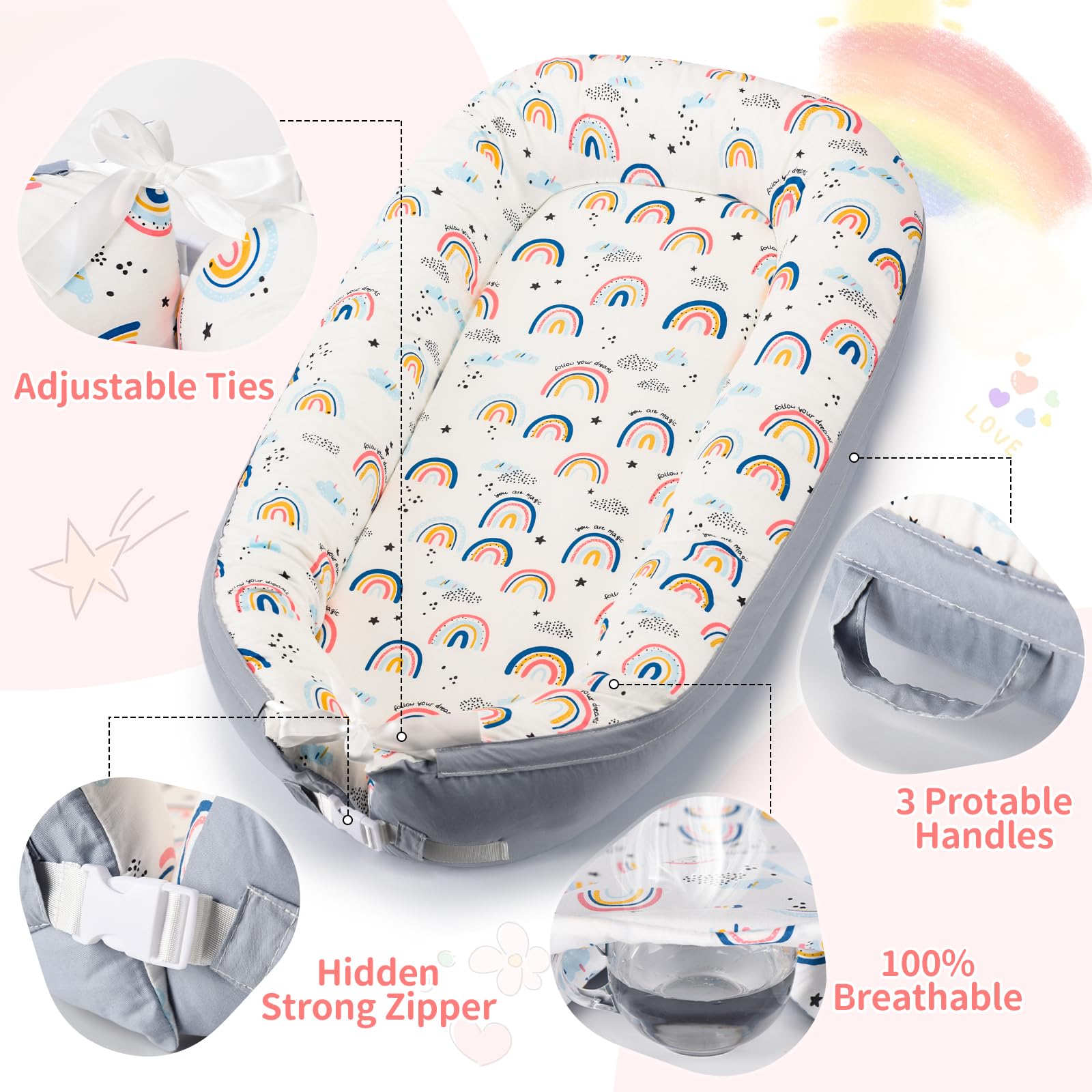 Aufona baby lounger adjustable-washable-cover for a flexible fit from birth to 24 months.