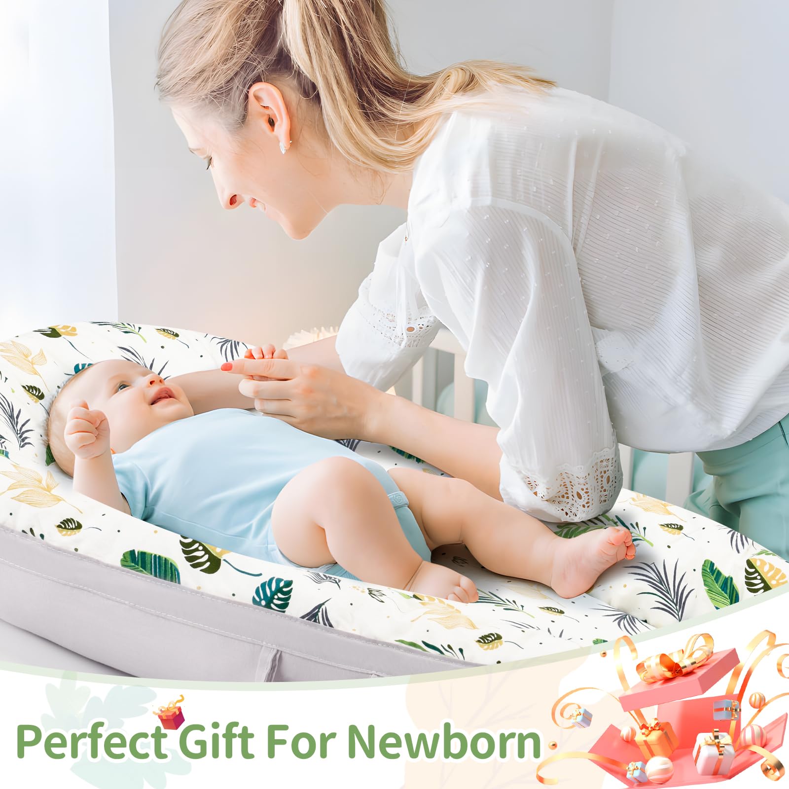 Aufona baby nest used on sofa or floor for supervised play and rest.
