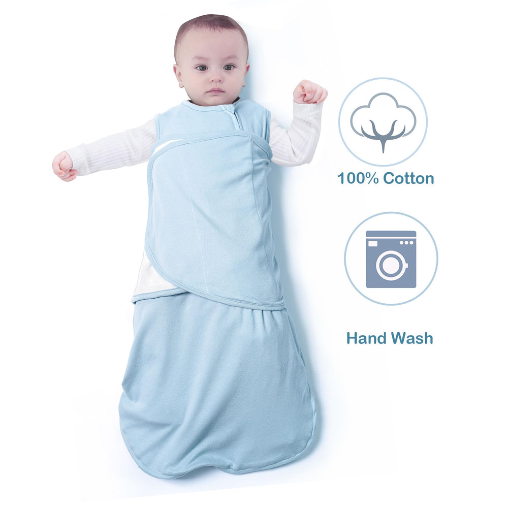 AugTwig cyan three-way closure demonstrates versatile swaddle with arms-in to out.