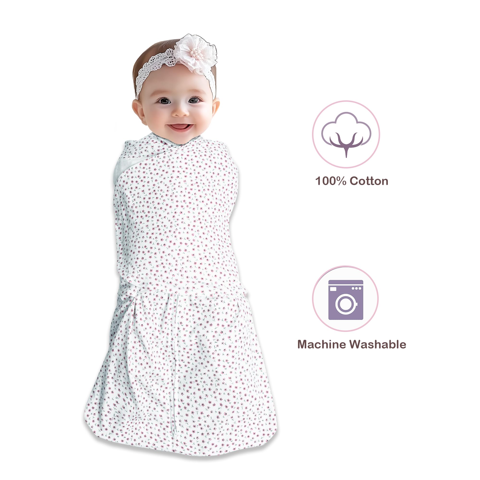 AugTwig three-way swaddle shows arms-in, hands-to-face, or arms-out options.