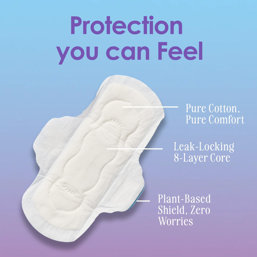 August all-day comfort pads with wings for secure daily wear.