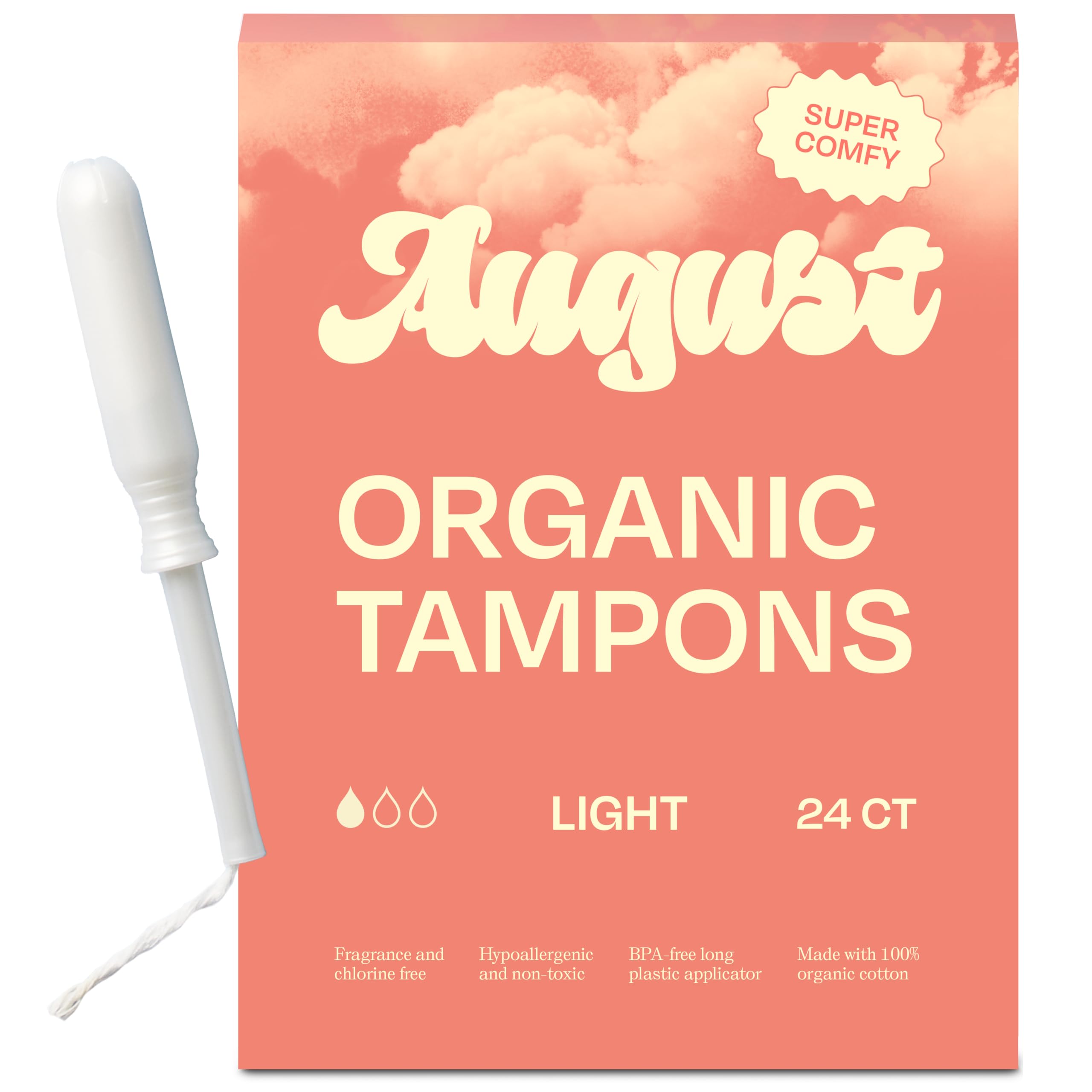 August Light Tampons 24-pack package shows convenient on-the-go protection.