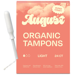 August Light Tampons 24-pack package shows convenient on-the-go protection.