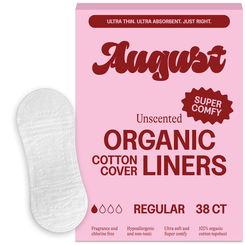 August Organic Panty Liners packaging wrapper highlights sustainable sourcing and reduced waste.